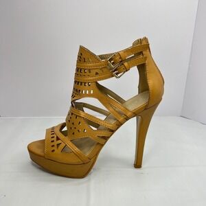 Liliana Tan Platform Stiletto Heel 8.5 Faux Leather Cutout Peep Toe Lattice Sexy